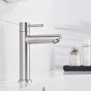 Miscelatore monocomando per lavabo Famanu, solo acqua fredda, con finitura in acciaio inossidabile spazzolato