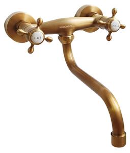 Miscelatore da cucina, montaggio a parete, due maniglie, ottone anticato, sporgenza di 25,5 cm, girevole a 360°