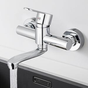 Miscelatore da cucina, montaggio a parete, rotazione a 360°, acciaio inossidabile cromato, distanza regolabile tra i fori: 13,5-16,5 cm, flusso d'acqua a schiuma, risparmio idrico, valvola in Vetroceramica, tubo girevole da 15 cm