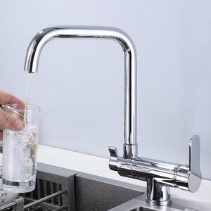 Rubinetto da cucina a 3 vie, orientabile a 360°, con due maniglie, in ottone cromato