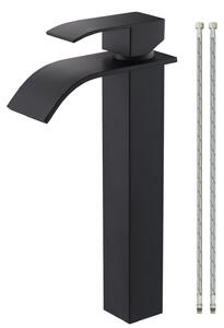 Rubinetto per lavabo a cascata, nero, miscelatore monocomando, acciaio inossidabile, altezza del beccuccio 224 mm, adatto per lavabi con un foro, completo di tubi flessibili per l'acqua da 60 cm