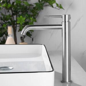 Miscelatore monocomando per lavabo, alto, con beccuccio esteso e finitura spazzolata