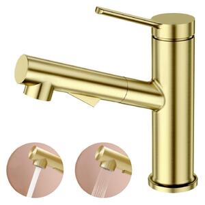 Miscelatore monocomando estraibile per lavabo da bagno, con due tipi di getto, in acciaio inossidabile dorato spazzolato opaco