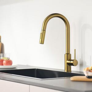 Miscelatore da cucina con doccetta estraibile, alta pressione, girevole a 360°, 2 modalità di getto, finitura dorata
