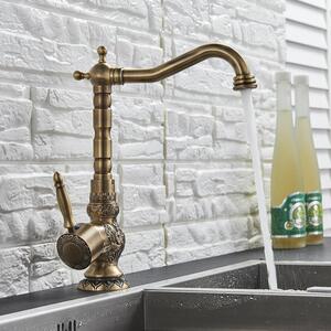 Miscelatore per lavabo in stile retrò, finitura ottone anticato, con leva e bocchetta orientabile, realizzato in ottone, altezza 30 cm