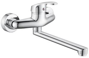 Miscelatore da cucina, montaggio a parete, rotazione a 360°, braccio girevole da 230 mm, ottone cromato, distanza tra i fori regolabile da 135 a 165 mm
