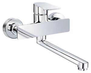 Miscelatore da cucina, montaggio a parete, girevole a 360°, monocomando, con braccio girevole da 25 cm, in ottone, con cartuccia in Vetroceramica, finitura cromata