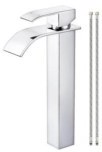 Miscelatore monocomando per lavabo, acciaio inossidabile, finitura cromata, con erogatore a cascata, altezza 224 mm