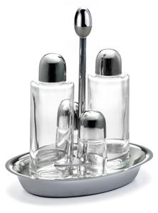 Oliera Base ovale JOINT in acciaio lucido con ampolle in vetro e tappo salvagoccia