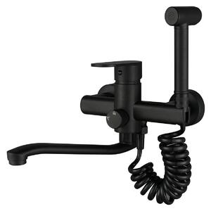 Miscelatore da cucina a parete, nero, con doccetta estraibile a 360° e bocchetta di erogazione da 25 cm