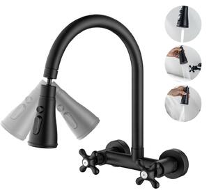 Miscelatore da cucina a parete, nero opaco, con rotazione a 360° e 3 tipi di getto, altezza 27 cm