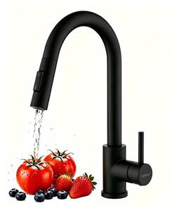 Miscelatore da cucina nero con doccetta estraibile, girevole a 360°, dotato di 2 funzioni spray, realizzato in acciaio inossidabile