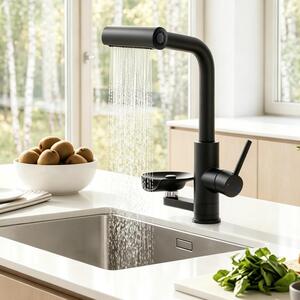 Miscelatore da cucina estraibile, nero, con effetto cascata e dispenser per bicchieri, rotazione a 360°