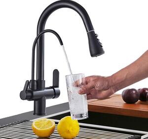 Miscelatore da cucina a 3 vie con doccetta estraibile, acciaio inossidabile nero, miscelatore 3 in 1 per filtri d'acqua potabile