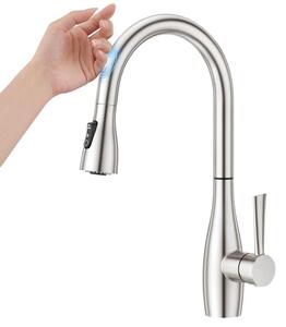 Miscelatore da cucina con sensore touch e doccetta estraibile, finitura spazzolata, 3 tipi di getto, avvio a freddo, estensione di 65 cm