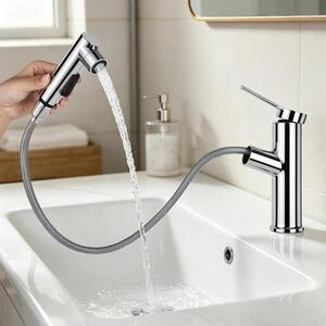 Miscelatore monocomando per lavabo con doccetta estraibile, 3 getti, finitura argento chiaro
