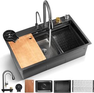 SereneLife Lavello da cucina, lavello da incasso in acciaio inossidabile, lavello - Rettangolare 75x46x22 cm - Nero