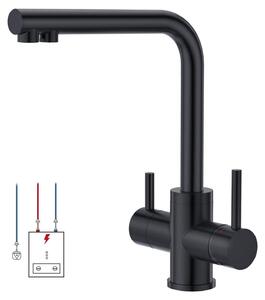 Rubinetto per lavello a bassa pressione, tre vie, colore nero, acciaio inossidabile, girevole a 360°