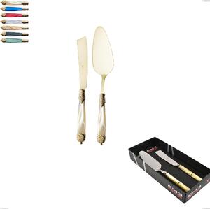 Confezione vetrina 2 pezzi,paletta pi� coltello dolce da servizio Mirage Perlato Tin gold, acciaio 18.10 con finitura pvd dorata colorato, manici in metacrilato