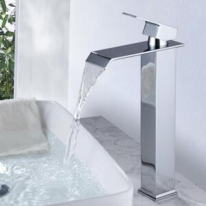 Miscelatore monocomando per lavabo a cascata. Materiali: acciaio inossidabile, ottone, cromo. Risparmio idrico. Acqua calda e fredda