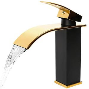 Miscelatore per lavabo a cascata, nero e oro, con bocchetta curva da 110 mm