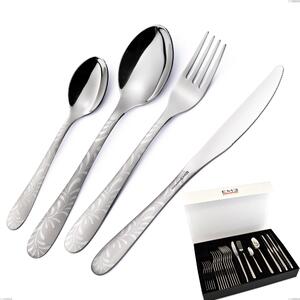 Set di posate 24 pezzi Segno Mediterraneo in confezione panoramica a libro coltello economico, Acciaio 18/10 (aisi 304) incisione laser, spessore 1.8 mm