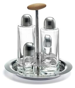 Oliera Base Rotonda Linea Apollo in acciaio lucido con ampolle in vetro e tappo salva goccia manico in legno