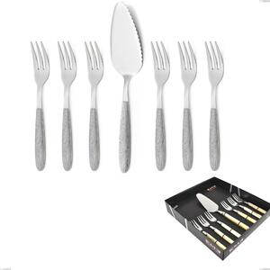Confezione vetrina 7 pezzi, forchettine pi� paletta dolce vero betulla, acciaio 18.0, manicatura pbt sublimato acciaio lucido