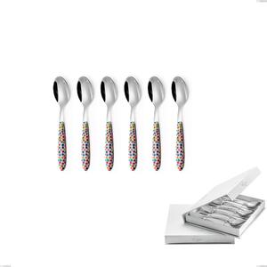 Confezione a libro 6 pezzi cucchiaini caff� vero coriandoli, acciaio 18.0 nickel free, manicatura pbt sublimato acciaio lucido