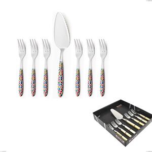 Confezione vetrina 7 pezzi, forchettine pi� paletta dolce vero coriandoli, acciaio 18.0 nickel free, manicatura pbt sublimato acciaio lucido