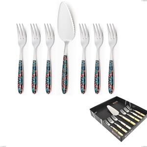 Confezione vetrina 7 pezzi, forchettine pi� paletta dolce vero damasco, acciaio 18.0 nickel free, manicatura pbt sublimato acciaio lucido