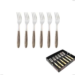 Confezione vetrina 6 pezzi forchette dolce vero larice, acciaio 18.0 nickel free, manicatura pbt sublimato acciaio lucido