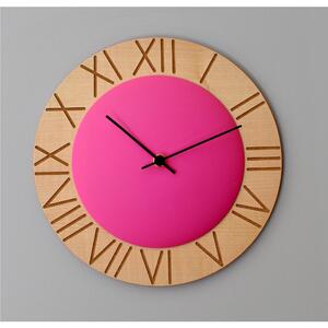 Orologio da parete Ettore rotondo diametro 26 cm in faggio con calotta in MDF colorata , numeri romani colore quadrante fucsia