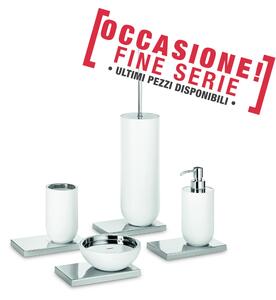 Set 4 pezzi Porta scopino, dispenser, portasapone , bicchiere con base VOID colore cromo , e bianco opaco 4 pezzi ne paghi 1