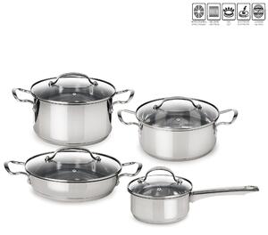Batteria di pentole 8 pezzi con coperchi in vetro pyrex linea Sintesi Mepra, acciaio inox 18.10 adatte per piano elettrico, induzione, gas, alogeno, vetroceramica , forno