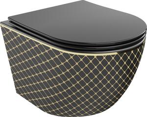 Mexen Lena tazza wc Rimless con sedile a chiusura rallentata slim, duroplast, nero opaco/motivo a griglia oro - 30224079