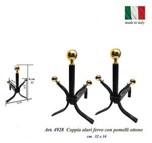 Alari per camino STELLA , coppia in ferro battuto e Ottone 32x h34 cm lavorazione artigianale in ottone pieno stile classico