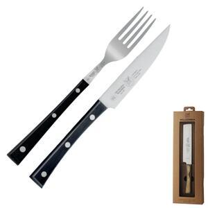 Set Bistecca due pezzi con coltello Stretto affilato cm 13 cm e forchetta colore nocciola, manico in paperstone perfetto per carni e bistecche di spessore