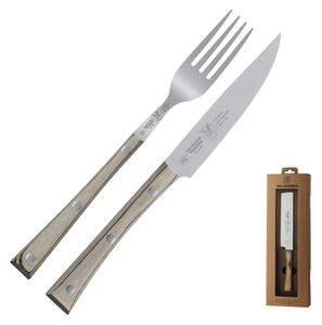 Set Bistecca due pezzi con coltello stretto 13 cm e forchetta colore nocciola, manico in paperstone perfetto per carni e bistecche di spessore