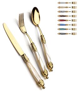 Set Posate Colorate Set 4 pezzi 1 posto tavola posate Siena tutta oro in acciaio 18/10 manico acrilico madreperlato doppia ghiera dorata finitura oro