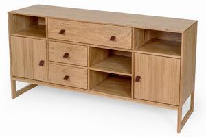 Credenza slussen in legno ingegnerizzato e massello, pelle, dimensioni 158 x 45 x h80 cm, peso 65 Kg, finitura legno di quercia