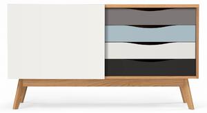 Credenza Avon stratti in legno ingegnerizzato e massiccio, dimensioni 128 x 42 x h71 cm, peso 38 Kg, finitura Strati - grigio, bianco, blu