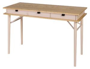 Scrivania Solo in legno ingegnerizzato e massello, lino, pelle, metallo, dimensioni 115 x 50 x h75 cm, peso 21 Kg, finitura rosa cipria, rovere