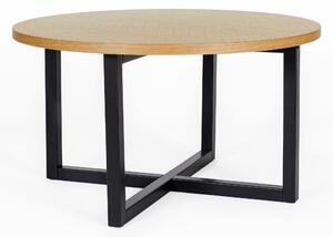 Tavolino Camden con stampa a spina di pesce rotonda in legno ingegnerizzato e massiccio, dimensioni 80 x 80 x h45 cm, peso 13 Kg, finitura rovere, nero