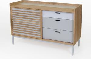 Credenza Lugo in legno ingegnerizzato e solido, cuoio, vetro, dimensioni 120 x 45 x h80 cm, peso 47 Kg, finitura legno, grigio chiaro
