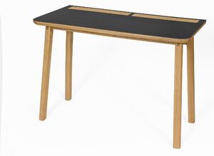Scrivania Kota in legno ingegnerizzato e massello, lino, pelle, dimensioni 115 x 50 x h75 cm, peso 22 Kg, finitura nero, rovere