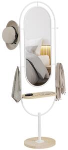 HOMCOM Specchio da Terra a Figura Intera 175,5x50 cm con Vassoio in Legno 4 Ganci e Cornice in Metallo per Soggiorno Camera Bianco | Aosom Italy