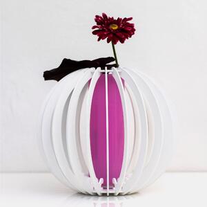 Vaso d'arredo, portafiori in Legno SFERA 33x36 cm- tagliato al laser con vasetto in vetro interno fucsia vaso bianco