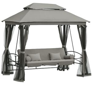 Outsunny Dondolo 3 Posti e Lettino Singolo Copertura a Gazebo con Zanzariera e Cuscini, Grigio Scuro 256x172x248cm|Aosom