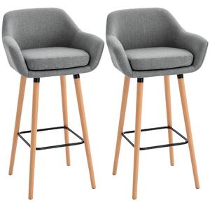 HOMCOM Set di 2 Sgabelli da Bar Moderni con Cuscino, Gambe in Legno e Rivestimento in Tessuto, 55x48x100cm Grigio|Aosom